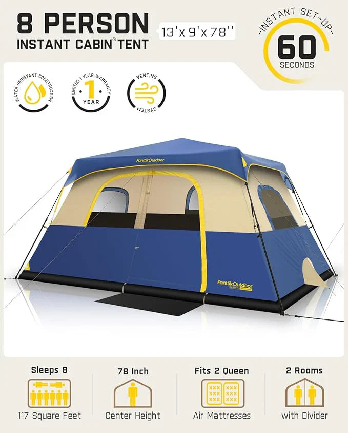 Camping Tent 4/6/8/10 Person Instant Cabin Tent Setup in 60 Seconds with Rainfly